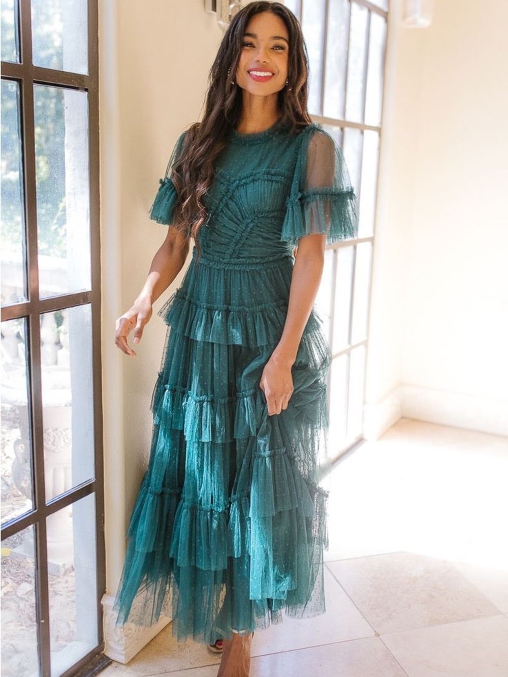 Ivy City Co Teal Tiered Tulle Maxi Dress